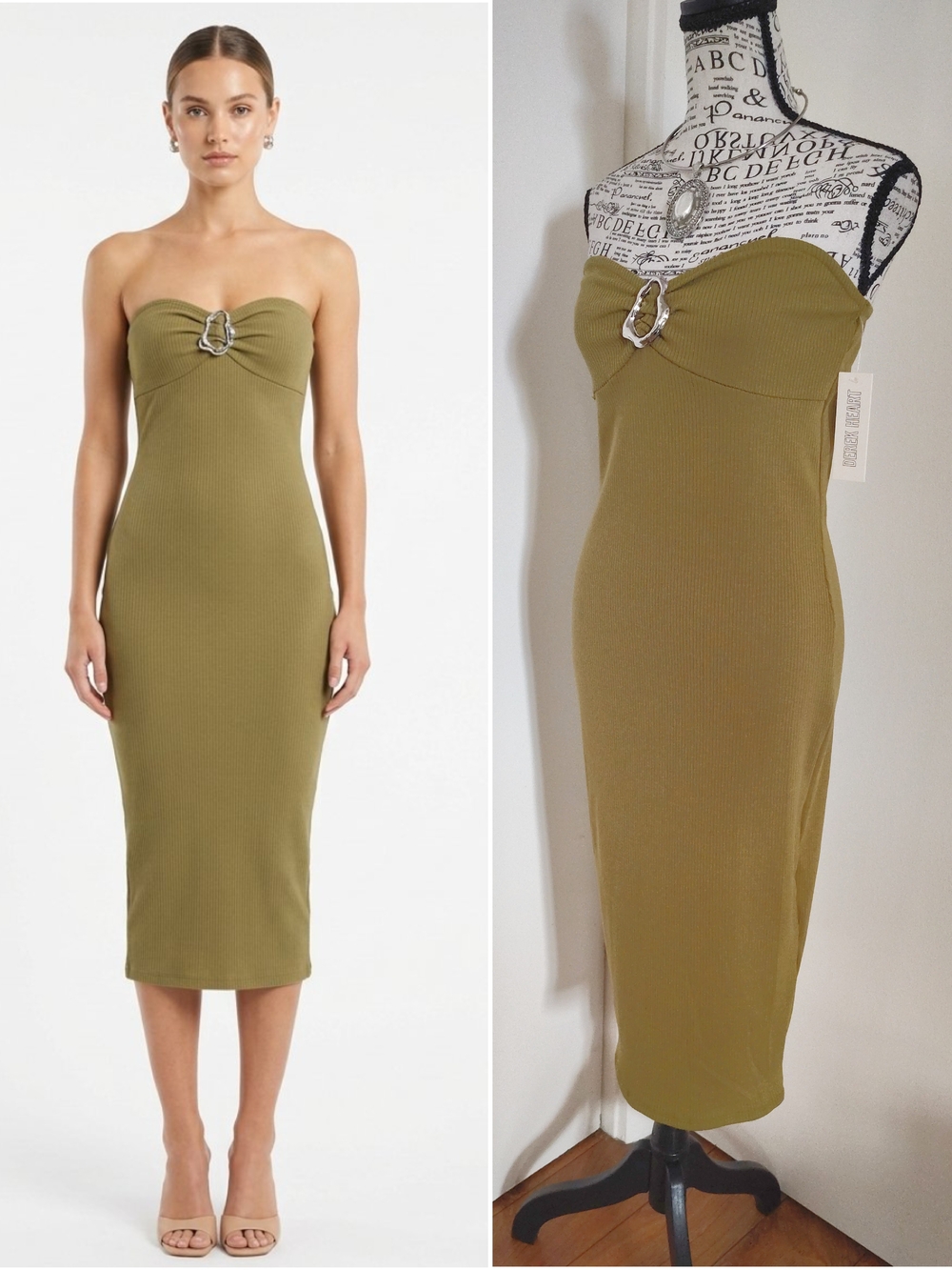 Derek Heart Olive Green Strapless Midi Bodycon Dress Large NWT w/ Hardware